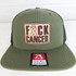 F*ck Cancer Leather Hat Patch, green snapback hat with a patch on front reading 'F*ck Cancer' with a ribbon symbol.