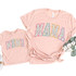 Mama Leopard Bunny DTF Heat Transfer, pink T-shirts with colorful leopard-themed text design.