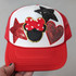 Mouse BOW Glitter Chenille HAT/POCKET Patch, a red and white cap with playful embroidery of stars, hearts, and Minnie Mouse face with a red bow, decorated with glitter and sequins.