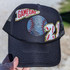 Embroidered & Glitter RED PENNANT Game Day HAT/POCKET Patch, decorated baseball cap with embroidered and glitter accents including a Game Day pennant, a blue and red baseball, and a 21 patch.
