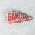Embroidered & Glitter RED PENNANT Game Day HAT/POCKET Patch, close-up of a decorative patch with red embroidered text 'GAME DAY' on a white background, outlined with gold glitter.