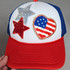 American Flag HEART Chenille & Glitter HAT/POCKET Patch, decorative patch featuring a heart with American flag design, surrounded by glittered stars in red, silver, and blue on a white background with a red brim.