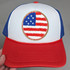American Flag CIRCLE Chenille & Glitter HAT/POCKET Patch, embroidered patch featuring a circular American flag design with chenille and glitter accents on a baseball cap.