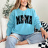 Mama Checkered Bolt DTF Heat Transfer, a vibrant blue sweatshirt with black and checkered lightning bolt design spelling 'MAMA'.