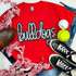 Bulldogs Sequin Patch, decorative sequined patch featuring the word 'Bulldogs' on a red t-shirt, surrounded by baseballs, sneakers, jeans, and striped ribbons for a sporty and fashionable look.