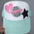 Come On Teachers Embroidered Hat/Patch, light blue and white trucker hat with pink heart, black star, and embroidered 'Teachers' patch for educators.