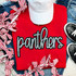 Panthers Sequin Patch, glittering black and white sequin embroidery of the word 'panthers' on a red t-shirt.