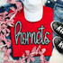 Hornets Sequin Patch, sparkling sequin embroidery patch spelling 'hornets' on red t-shirt surrounded by striped fabric ribbons, denim jeans, white cap, and sneakers.