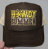 Howdy Summer Embroidered Glitter HAT/POCKET Patch, a black and beige trucker hat with a glitter embroidered patch that reads 'Howdy Summer' in yellow and purple with stars.