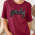 Game Day Sequin Patch, close-up of a maroon T-shirt with 'game day' embroidered in black sequins on the front.