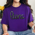 Lions Sequin Patch, a purple T-shirt with a sparkling lion logo in sequins embroidered on the front.