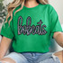 Bobcats Sequin Patch, a colorful and sparkly embellishment on a green t-shirt featuring the word 'bobcats' in stylish cursive with sequins.