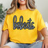 Bobcats Sequin Patch, image of a yellow T-shirt with a Bobcats logo made of shiny sequins on the front.