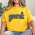 Generals Sequin Patch, yellow t-shirt with the word 'generals' in black outlined letters decorated with sequins.