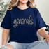 Generals Sequin Patch, embroidered patch with the word 'generals' in black sequins on a navy blue t-shirt.