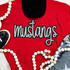 Mustangs Sequin Patch, close-up image of a red T-shirt with a black and white sequined Mustang logo patch on the front.