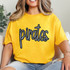 Pirates Sequin Patch, shiny embroidered pirate text on yellow t-shirt worn by a woman.