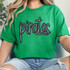 Pirates Sequin Patch, close-up of a person wearing a green t-shirt with the word 'pirates' decorated with colorful sequins.