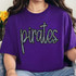 Pirates Sequin Patch, close-up of a purple T-shirt with a colorful, glittering sequin patch spelling 'pirates' in cursive letters.