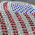 Rhinestone American Flag HAT/POCKET Transfer, close-up of red, white, and blue rhinestones arranged in the pattern of the American flag on fabric.