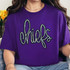 Chiefs Sequin Patch, close-up view of the purple t-shirt with multicolored sequin embellishment spelling 'Chiefs' in cursive.
