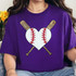 Baseball Heart and Bats Chenille/Sequin Patch, cross-stitched and gold-trimmed design of a baseball with a heart at the center and two baseball bats crossing behind it on a purple T-shirt.