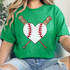 Baseball Heart and Bats Chenille/Sequin Patch, embroidered baseball heart with crossed baseball bats on a green t-shirt.