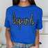 Leopards Sequin Patch, a sparkling leopard print sequin decorative patch on a blue t-shirt.