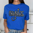 Coyotes Sequin Patch, close-up of a blue T-shirt featuring a large black and silver sequined 'Coyotes' patch design.