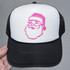 Santa Pink PUFF Hat/Pocket Screen Print Heat Transfer, a trucker hat with a pink screen-printed Santa face design on the front panel.