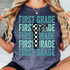 First Grade Checker DTF Heat Transfer, a graphic design featuring the text 'First Grade' repeated with a large number one in the center with a black and white checkerboard pattern.
