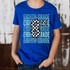 Eighth Grade Checker DTF Heat Transfer, blue T-shirt with eighth grade theme design featuring a large number 8 with checker pattern and the words EIGHTH GRADE repeatedly in background.