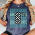 Eighth Grade Checker DTF Heat Transfer, graphic design with the number 8 in a black and white checker pattern and the words 'Eighth Grade' repeated in teal and black.