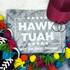 Hawk Tuah WHITE Screen Print Heat Transfer, white heat transfer design with text and stars on a gray fabric surface, surrounded by colorful shoes, hat, and decorative yarn balls.