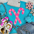 PINK Sequins Candy Canes Patch, pink sequin candy cane design on a turquoise fabric with various colorful decorations and clothing items.