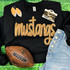 Mustangs Gold Sequin Patch, a gold sequined patch with the word 'mustangs' in cursive and a cross, displayed with clothing and accessories.