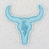 RHINESTONE Bull Skull HAT/POCKET Embroidered Patch, light blue bull skull patch with rhinestone embellishments and detailed embroidery for hats and pockets.