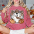 Checkered Fall Ghost DTF Heat Transfer, cartoon ghost with checkered hat, surrounded by pumpkins and flowers, suitable for fall themed clothing.