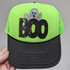 Sequin BOO Ghost HAT/POCKET Patch, lime green and black trucker cap with sequin embroidered Boo and ghost patch.