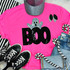 Sequin Boo Ghost Patch, a sparkling ghost patch design displayed on a pink t-shirt with other fashion accessories.