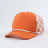 Orange & White Checkered Foam Trucker Hat, stylish orange and white checkered patterned trucker cap with foam front and mesh back.