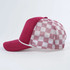 Maroon & White Checkered Foam Trucker Hat, image showing a stylish cap with a maroon front and a white and maroon checkered mesh back design.