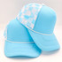Light Blue & White Checkered Foam Trucker Hat, side view showing the curved brim and mesh back.