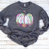 Pastel pumpkin ADULT Screen Print Heat Transfer, a colorful pastel rainbow pumpkin with floral accents on a gray sweatshirt.