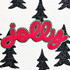 Dark Pink Chenille Jolly Patch, vibrant pink embroidered patch with the word 'hello' outlined in glittery green on a white background with black pine tree silhouettes.