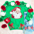 Red Glitter Bow Sides Sequin Patch SET OF 2, festive Christmas sweater with Santa Claus face and red bows, surrounded by a garland of red, green, and white pom-poms, a red mug, blue jeans, and a Christmas ornament for holiday decoration.