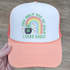 The Only Pot Of Gold I Care About Embroidered HAT/POCKET Patch, a trucker hat with an embroidered rainbow, pot of gold with a shamrock, and colorful design.