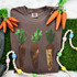 Three Carrots Spangle Heat Transfer, T-shirt with carrot design made of shiny green sequins and orange glitter, on gray fabric surrounded by decorative carrots and colorful beads