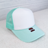 Mint & White Foam Trucker Hat, a stylish cap with a mint green mesh back and a white front panel, featuring a curved brim and a size adjustment strap at the back.