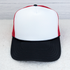 Black, White & Red Foam Trucker Hat, front view of the adjustable cap with a white front panel, red mesh sides, and a black brim on a light background.
